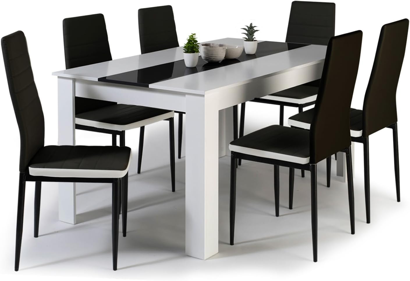 Ensembles pour salle à manger – IDMarket, Ensemble Table à Manger Georgia 140 cm Blanche et Noire et 6 chaises Romane Noires liseré Blanc