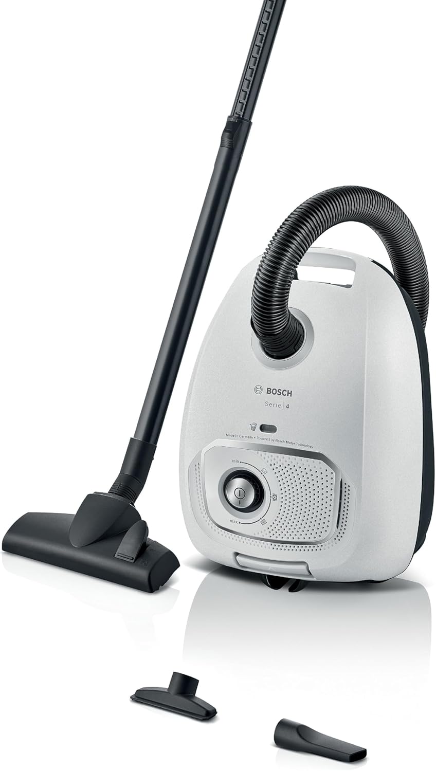 Bosch Série 4 – Rayon d'action de 11 m, aspirateur avec Sac, BGB41WH1, Blanc, Sac à poussière XL, suceur Plat